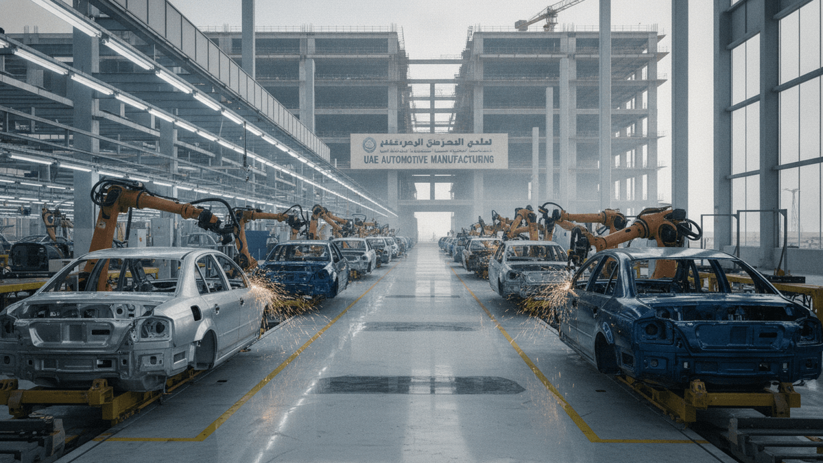 An ultra-realistic photograph inside a massive automotive factory with two lines of car bodies being welded by robotic arms, sparks flying.