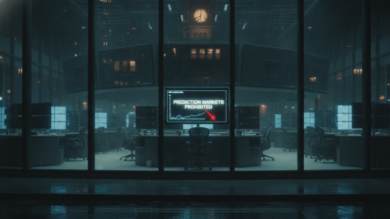 An ultra-realistic photograph of a desolate, dark trading floor viewed through large windows on a rainy night.