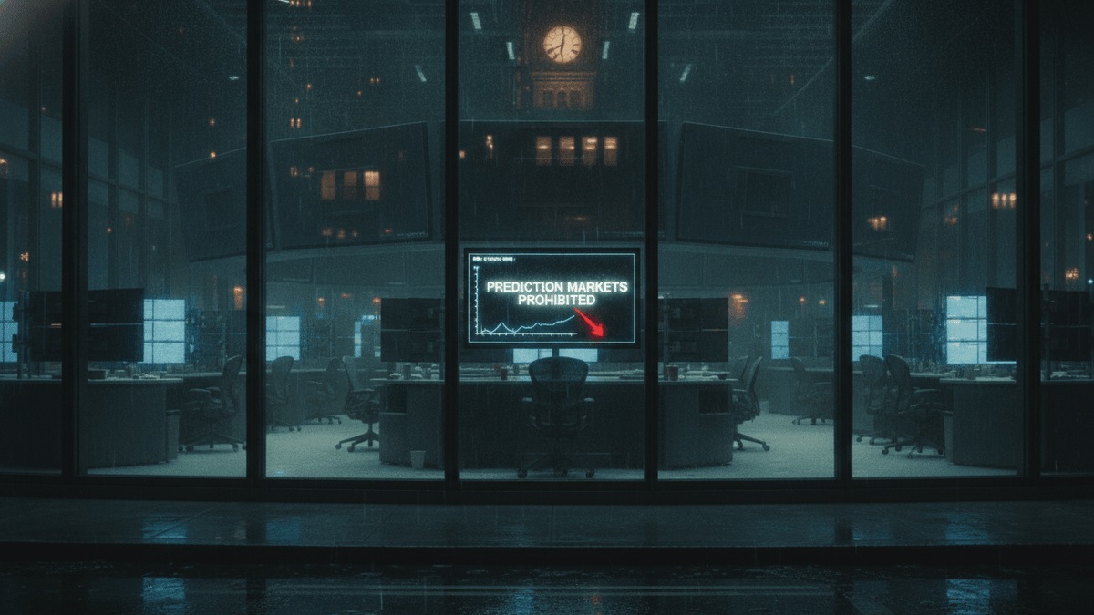 An ultra-realistic photograph of a desolate, dark trading floor viewed through large windows on a rainy night.