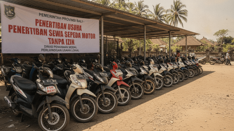 A wide shot of a dirt lot filled with parked motorcycles under a metal awning, with a white banner in Indonesian hanging above them.