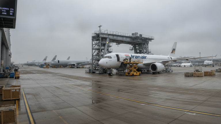 An Airbus A320 aircraft for Iran Air is parked on a wet, grey tarmac under an overcast sky, undergoing maintenance. Industrial gantry structures surround it, with several other commercial aircraft visible in the distance.