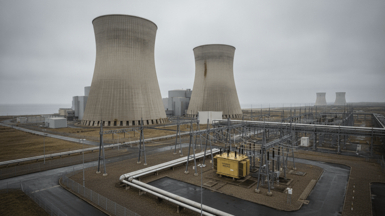 An aerial wide shot captures the imposing concrete cooling towers of the Sizewell B nuclear power station, with transmission lines and switchgear in the foreground leading towards the structures, all under a heavily overcast sky.
