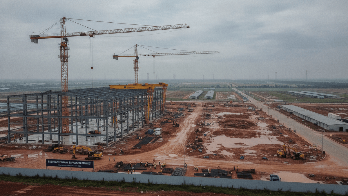 An aerial view of a large industrial construction site under an overcast sky, showing a steel framework building under construction with several large yellow cranes. Muddy ground with puddles surrounds the building, and smaller construction vehicles are visible. In the background, there are cleared land plots, existing industrial buildings, and power lines.