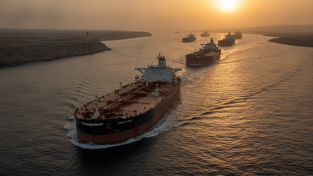A line of large oil tankers sailing through a narrow waterway with a lighthouse in the distance, bathed in the warm light of a low sun.