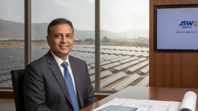 Sanjay Kumar, dressed in a suit, sits at a large wooden desk with a large window behind him showcasing a vast solar panel farm under a clear sky.