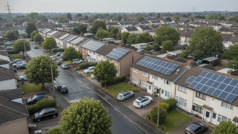 An aerial view of a typical UK residential street on an overcast day, showing rows of houses, many with solar panels visible on their roofs, parked cars along the street, and green trees.