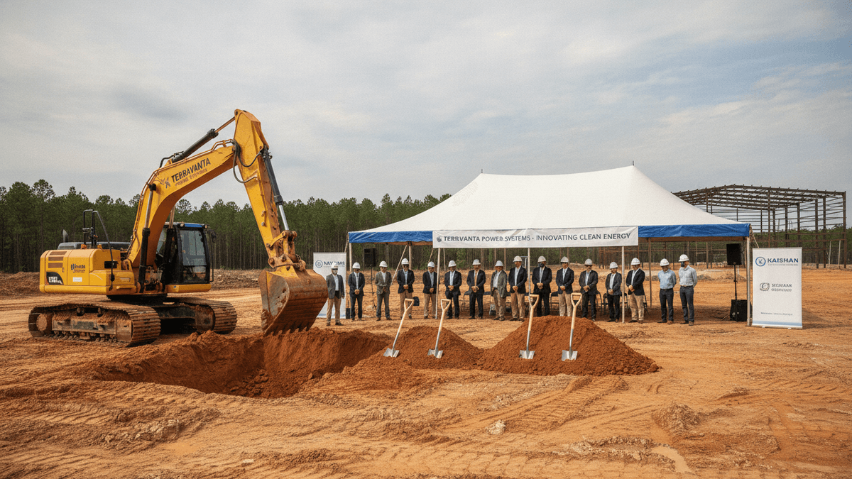 An excavator digs into red earth, with a white tent, people in hard hats, and a partially constructed building frame in the background.