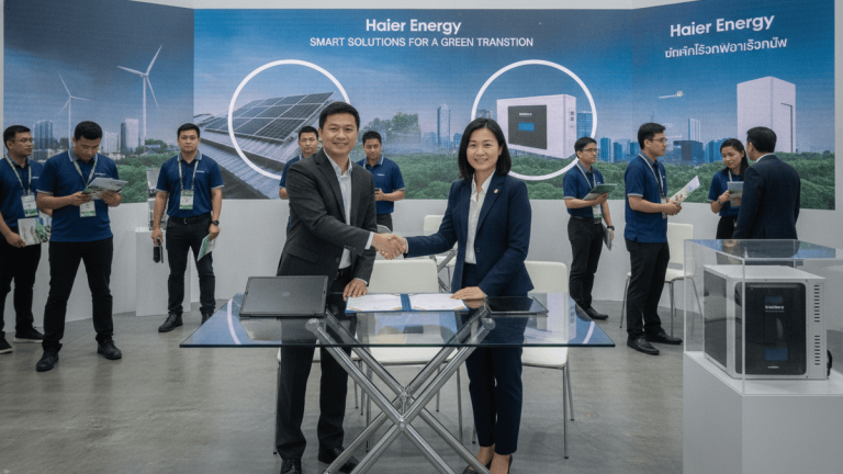 Two business executives, a man and a woman, shake hands across a glass table in an exhibition hall. Behind them is a large blue banner with images of wind turbines and solar panels. Several other people in blue shirts are visible in the background.
