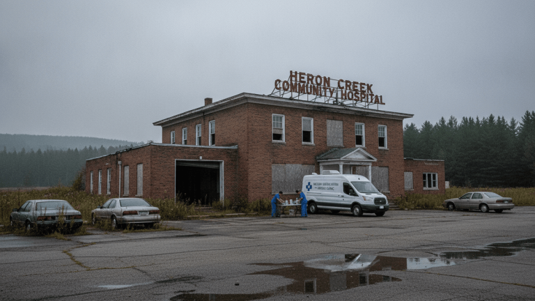 A wide shot of a derelict brick hospital building under a gray sky. A white mobile clinic van is parked outside with two people in blue scrubs setting up.