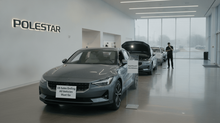 Wide shot of a clean, brightly lit Polestar showroom. Several dark grey Polestar vehicles are lined up, some with "US Sales Ending" and "Significant Markdowns" signs. A lone worker stands near the back.
