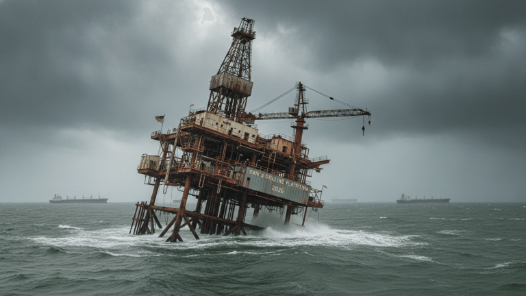 An abandoned, heavily rusted offshore oil platform stands in choppy grey water under a stormy sky, with several large cargo ships visible in the hazy distance.