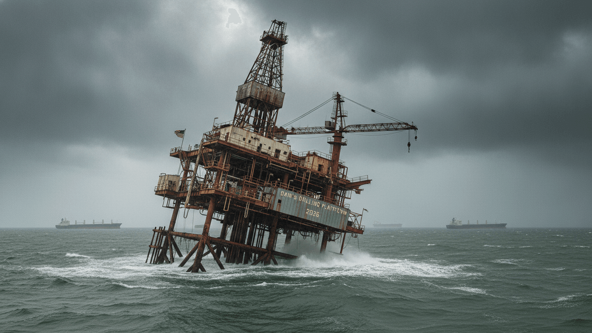 An abandoned, heavily rusted offshore oil platform stands in choppy grey water under a stormy sky, with several large cargo ships visible in the hazy distance.