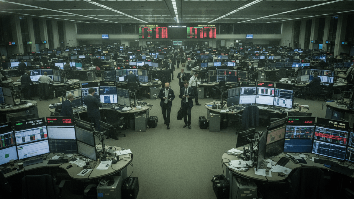 Wide shot of a large, dimly lit trading floor with rows of desks, each featuring multiple computer monitors displaying financial data. A few traders in suits are visible, some walking towards the foreground, others still at their stations.
