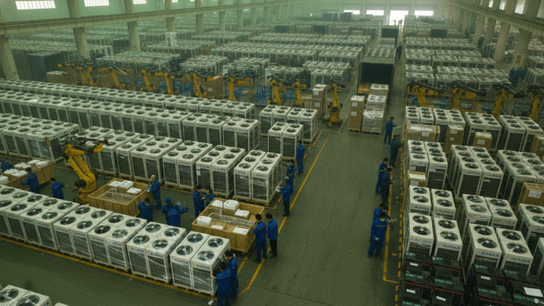 An overhead view of a vast, brightly lit factory floor filled with rows of packaged air conditioning units, workers, and robotic arms.