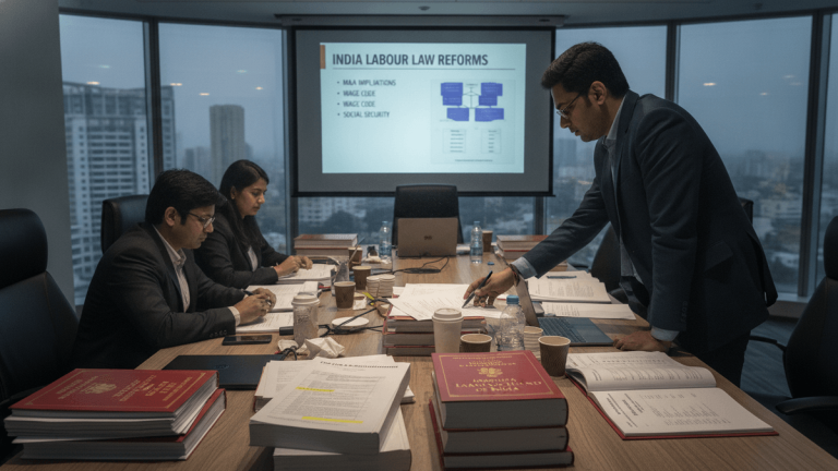 Three individuals, two seated and one standing, review documents around a large conference table with a presentation screen displaying "India Labour Law Reforms" in the background.