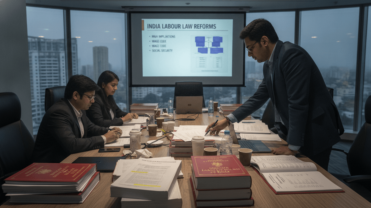 Three individuals, two seated and one standing, review documents around a large conference table with a presentation screen displaying "India Labour Law Reforms" in the background.