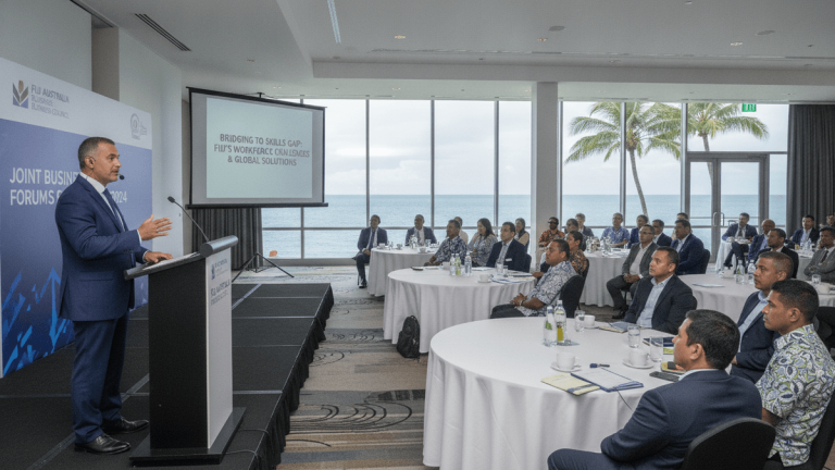 A man in a suit speaks at a podium to an audience seated at round tables in a large room with ocean views.