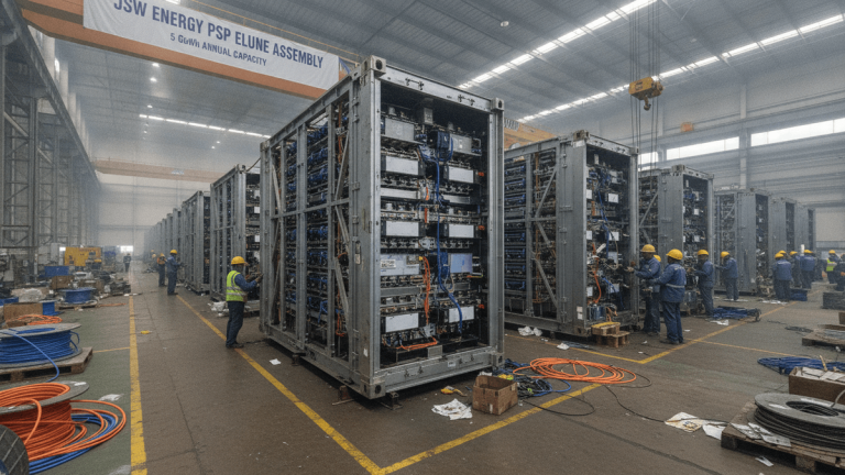 Wide shot of a large, brightly lit factory floor with numerous tall, open-sided battery storage containers in various stages of assembly. Workers in hard hats and vests are seen working on the exposed internal components, surrounded by cables and tools.