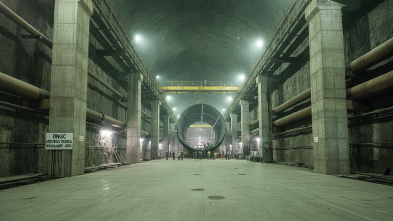 A massive underground cavern with concrete pillars, large pipes, and a circular tunnel opening, brightly lit, with workers present.