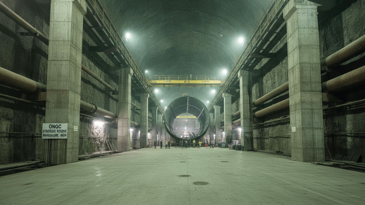 A massive underground cavern with concrete pillars, large pipes, and a circular tunnel opening, brightly lit, with workers present.