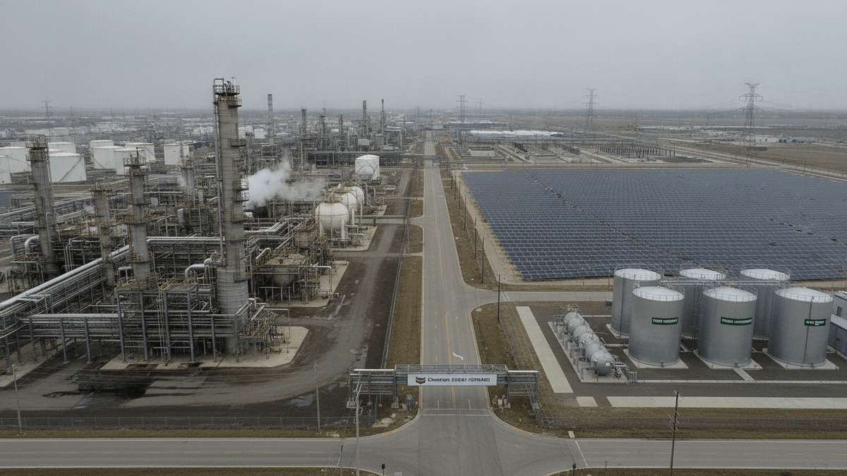 An aerial view of a large industrial complex featuring an oil refinery with storage tanks and a sprawling solar panel array under a dull, overcast sky.