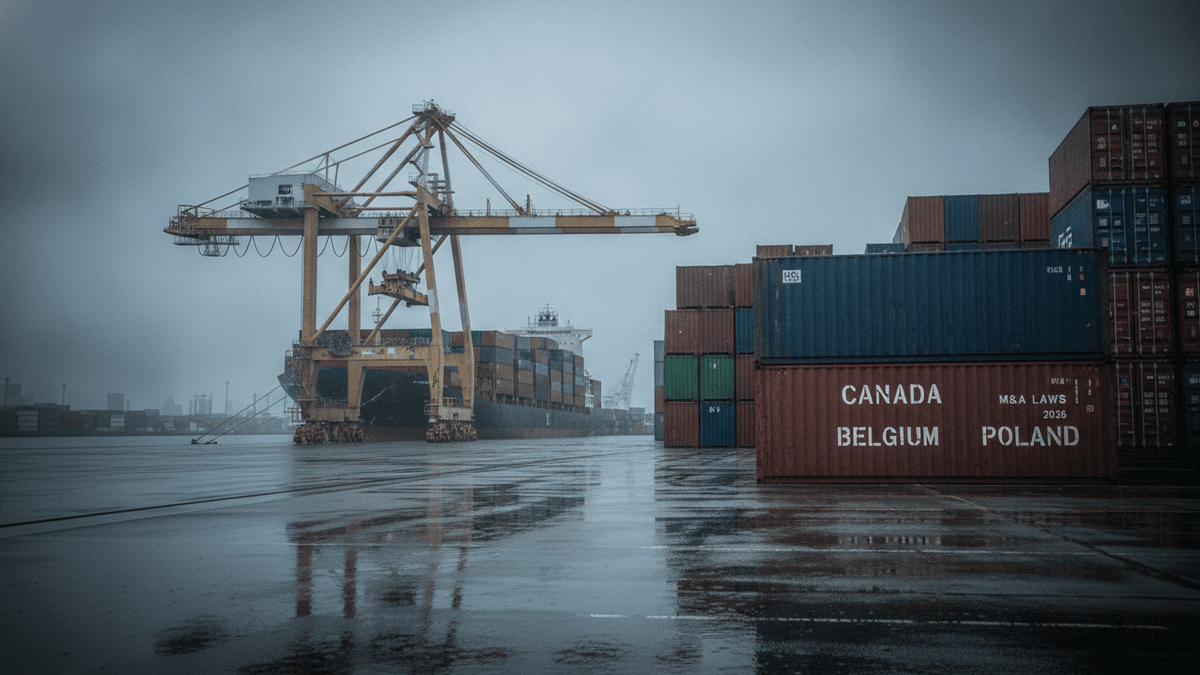 An ultra-realistic editorial photograph of a shipping container port under an overcast sky, with wet tarmac in the foreground reflecting the muted light. A large gantry crane stands to the left, partially obscuring a cargo ship docked in the background. To the right, tall stacks of colorful shipping containers recede into the middle distance, with some featuring text like "CANADA," "BELGIUM," "POLAND," and "M&A LAWS 2038".