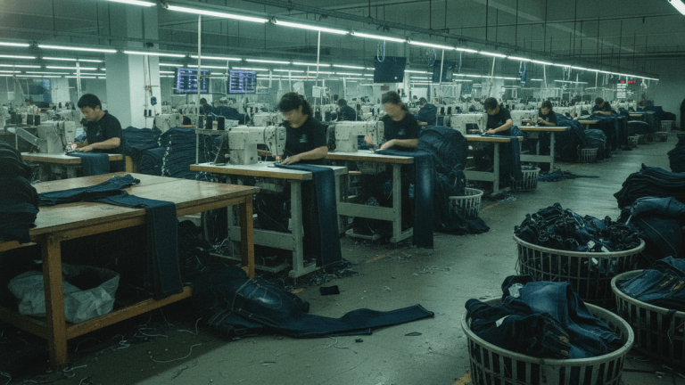 An wide editorial shot of a factory floor with multiple workers at sewing machines, surrounded by stacks of denim fabric and finished jeans, under cool fluorescent lighting.