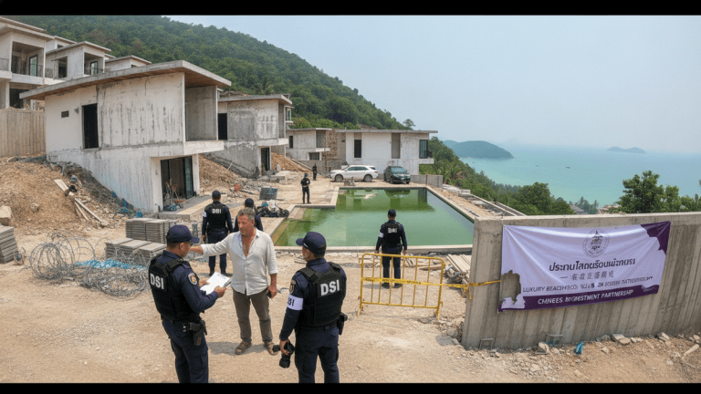 Thai DSI officers in uniform inspect a construction site with partially built villas and a green-tinged swimming pool. A banner in Thai and English about a "Luxury Beachwood Chinese Investment Partnership" is visible.