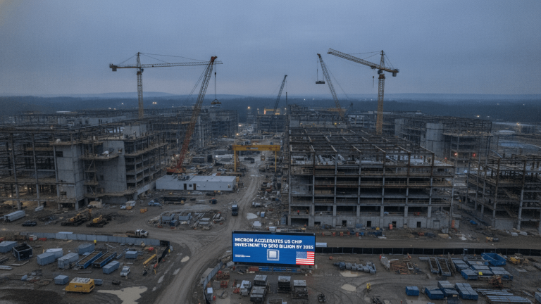 An aerial view of a massive construction site with multiple large buildings in various stages of framing, several red and yellow construction cranes, and a large digital billboard displaying "MICRON ACCELERATES US CHIP INVESTMENT TO $250 BILLION BY 2035" with an American flag graphic, under an overcast sky.