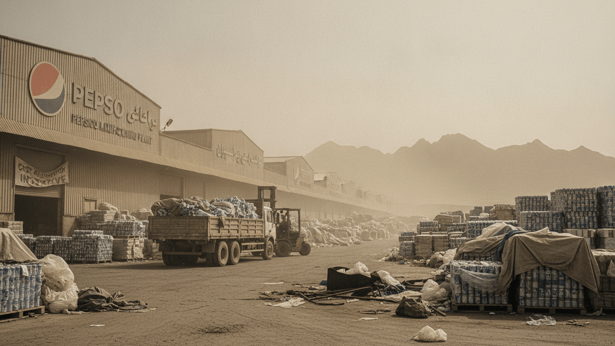 An ultra-realistic editorial photograph of a PepsiCo manufacturing plant under a hazy desert sky.