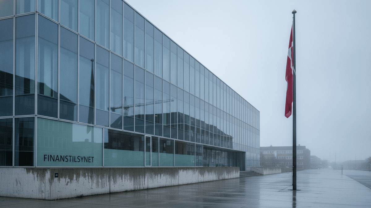 Exterior of a modern glass building with "FINANSTILSYNET" on a sign, a Danish flag, and wet pavement under a foggy sky.