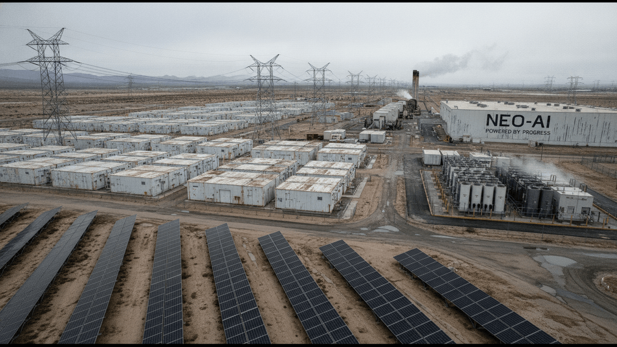 An aerial view of a large industrial complex featuring rows of solar panels, numerous white shipping-container-like battery storage units, and a central gas-fired power plant with a smoking chimney, all under a gray, overcast sky with power lines extending into the hazy distance.
