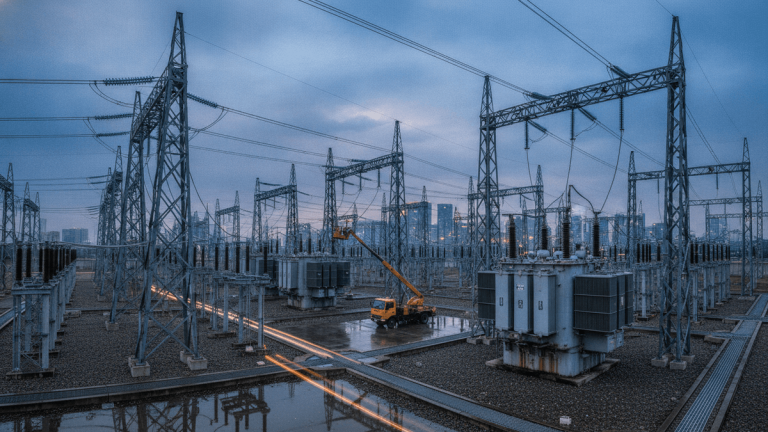 An industrial electrical substation at dusk, featuring numerous tall metal transmission towers, interconnected power lines, and large transformers. A yellow utility truck with an extended boom is visible, with faint light trails from a passing vehicle on wet ground.