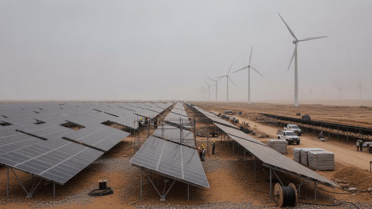 An expansive view of a hybrid solar and wind farm under construction in a desert landscape.