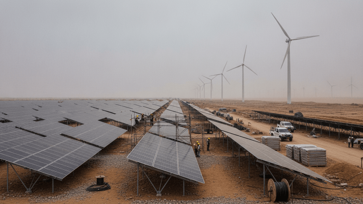 An expansive view of a hybrid solar and wind farm under construction in a desert landscape.
