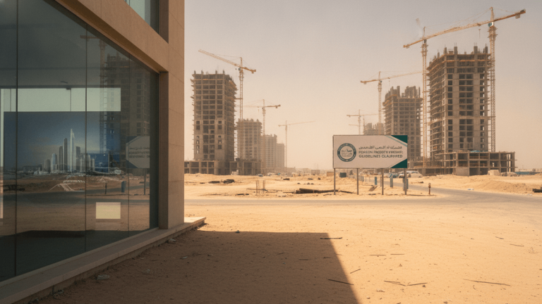 An editorial photograph shows a sprawling desert construction site with multiple unfinished high-rise buildings and cranes under a clear sky. A large, official sign stands prominently in the foreground.