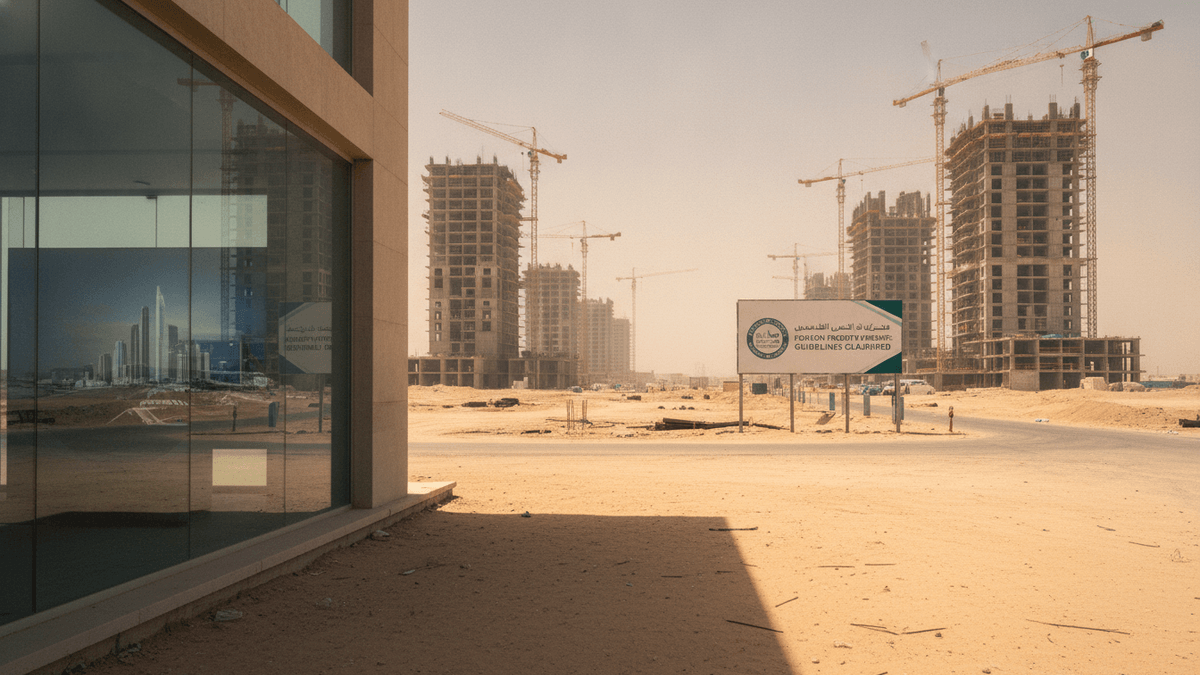 An editorial photograph shows a sprawling desert construction site with multiple unfinished high-rise buildings and cranes under a clear sky. A large, official sign stands prominently in the foreground.