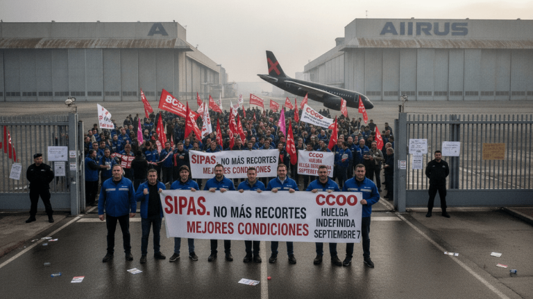 A group of Airbus workers stands in front of factory gates holding banners, with a larger crowd and flags behind them.