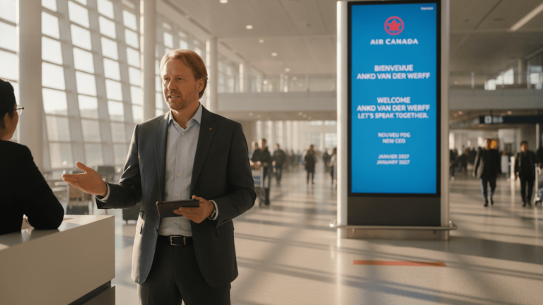 A man in a suit speaks to another person in an airport terminal, an Air Canada welcome screen for a new CEO is visible.