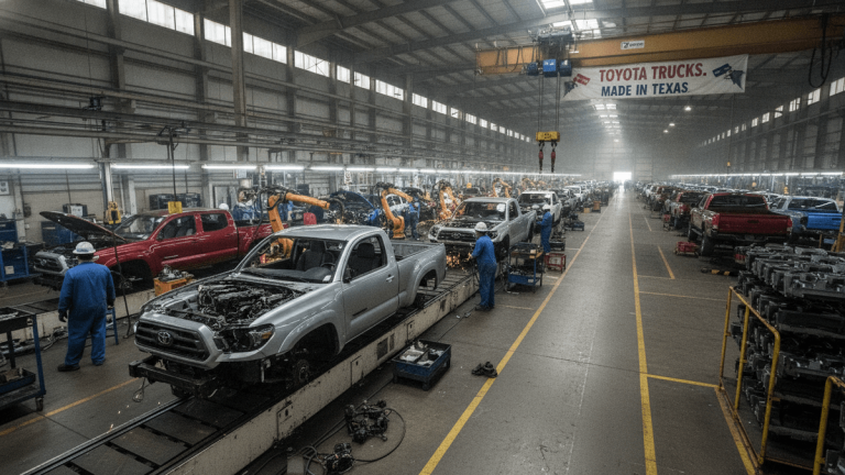 An ultra-realistic photograph of a Toyota Tacoma assembly line inside a large factory, with workers and machinery.