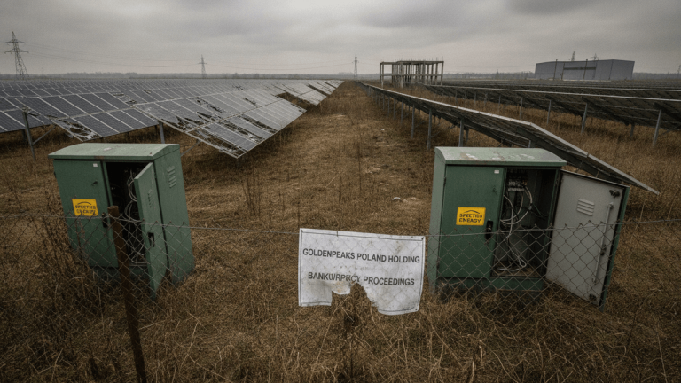 A wide shot of a Polish solar farm on an overcast day, showing rows of solar panels, two open electrical cabinets, and a torn bankruptcy notice.