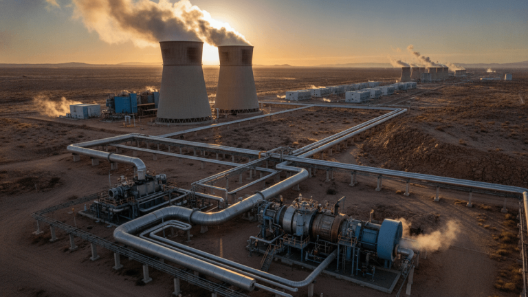An ultra-realistic aerial photograph of a geothermal power plant at sunset. Two large cooling towers emit steam against a bright setting sun. Below, an intricate network of pipes and machinery spans a vast, arid landscape. In the distance, multiple smaller facilities extend towards the horizon, also emitting steam.