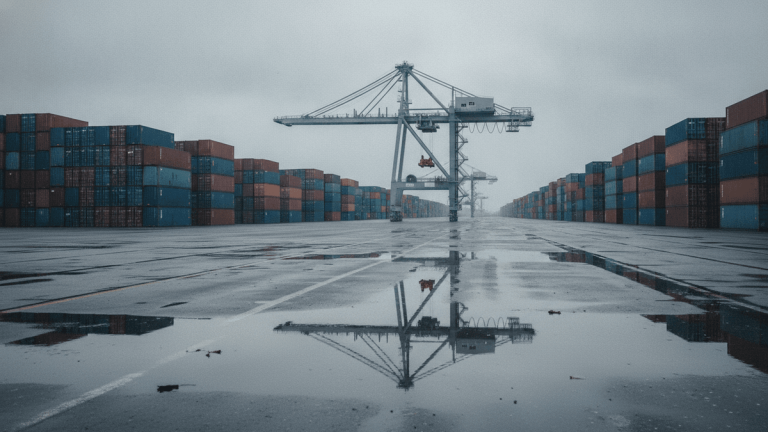 A wide shot of a container terminal on an overcast day, with rows of stacked shipping containers and a large gantry crane.