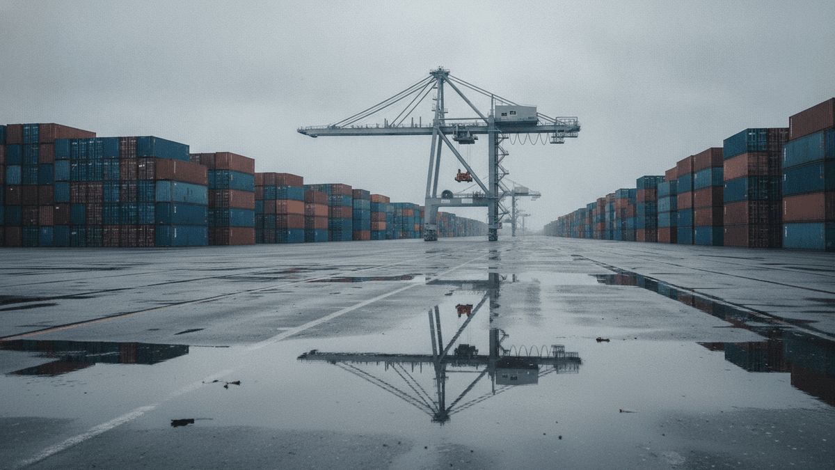 A wide shot of a container terminal on an overcast day, with rows of stacked shipping containers and a large gantry crane.