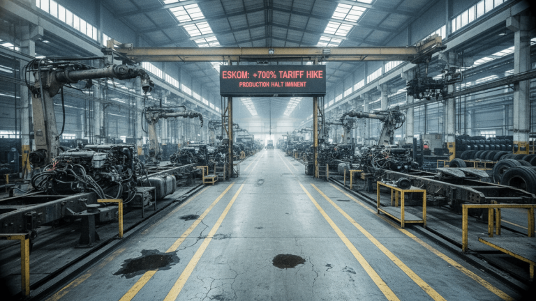 An interior shot of a large industrial factory floor with vehicle chassis on assembly lines and a prominent digital warning sign.