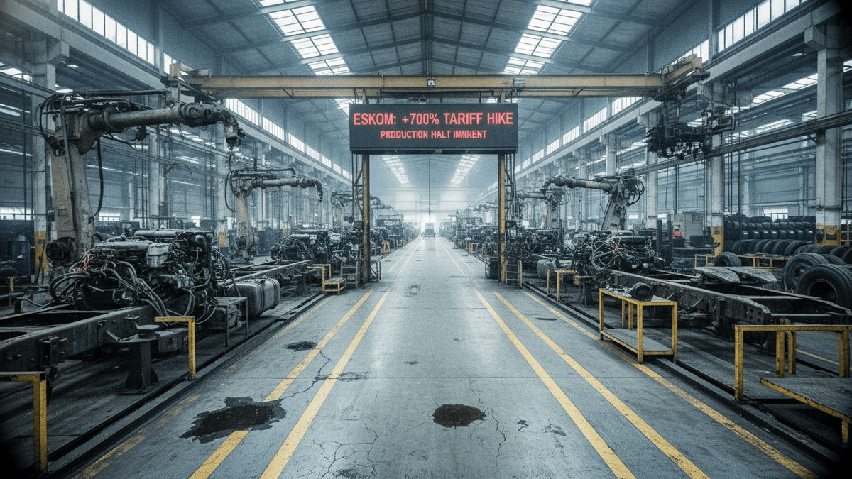 An interior shot of a large industrial factory floor with vehicle chassis on assembly lines and a prominent digital warning sign.