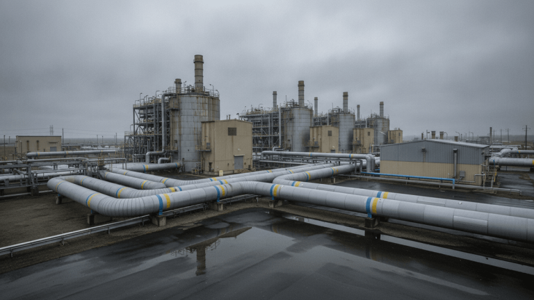 An wide outdoor shot of a natural gas processing facility with large cylindrical tanks and a complex network of grey pipelines, some with blue and yellow stripes. The ground is wet and reflects the pipes and grey sky.