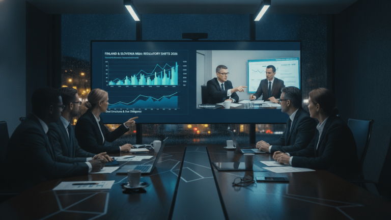 A group of six business professionals in a dark conference room conducting a video conference call, discussing regulatory shifts in M&A.
