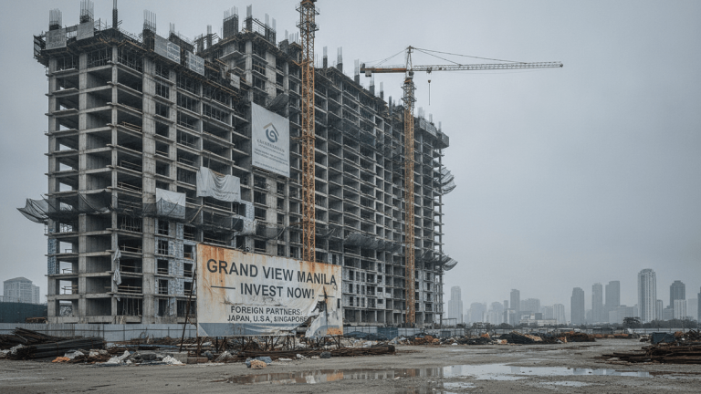 A large, unfinished concrete high-rise building with exposed rebar and scaffolding under a gray, overcast sky. Two yellow construction cranes are visible near the top. In the foreground, a large white banner reads "GRAND VIEW MANILA - INVEST NOW! FOREIGN PARTNERS: JAPAN, U.S.A., SINGAPORE." The ground is muddy and littered with construction debris, with shallow puddles reflecting the sky. A distant skyline of other buildings is visible on the horizon.