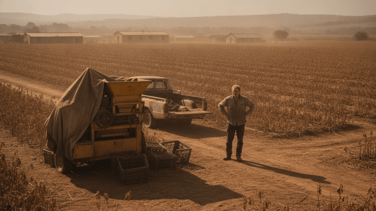 A lone farmer stands in a dusty field next to a covered piece of farm machinery and an old pickup truck, with farm buildings in the hazy distance.
